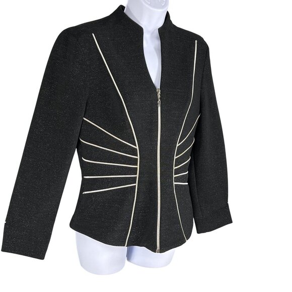 Caché Womens S Black Zip Up Blazer Silver Piping Structured Fit Career Office - Picture 5 of 15